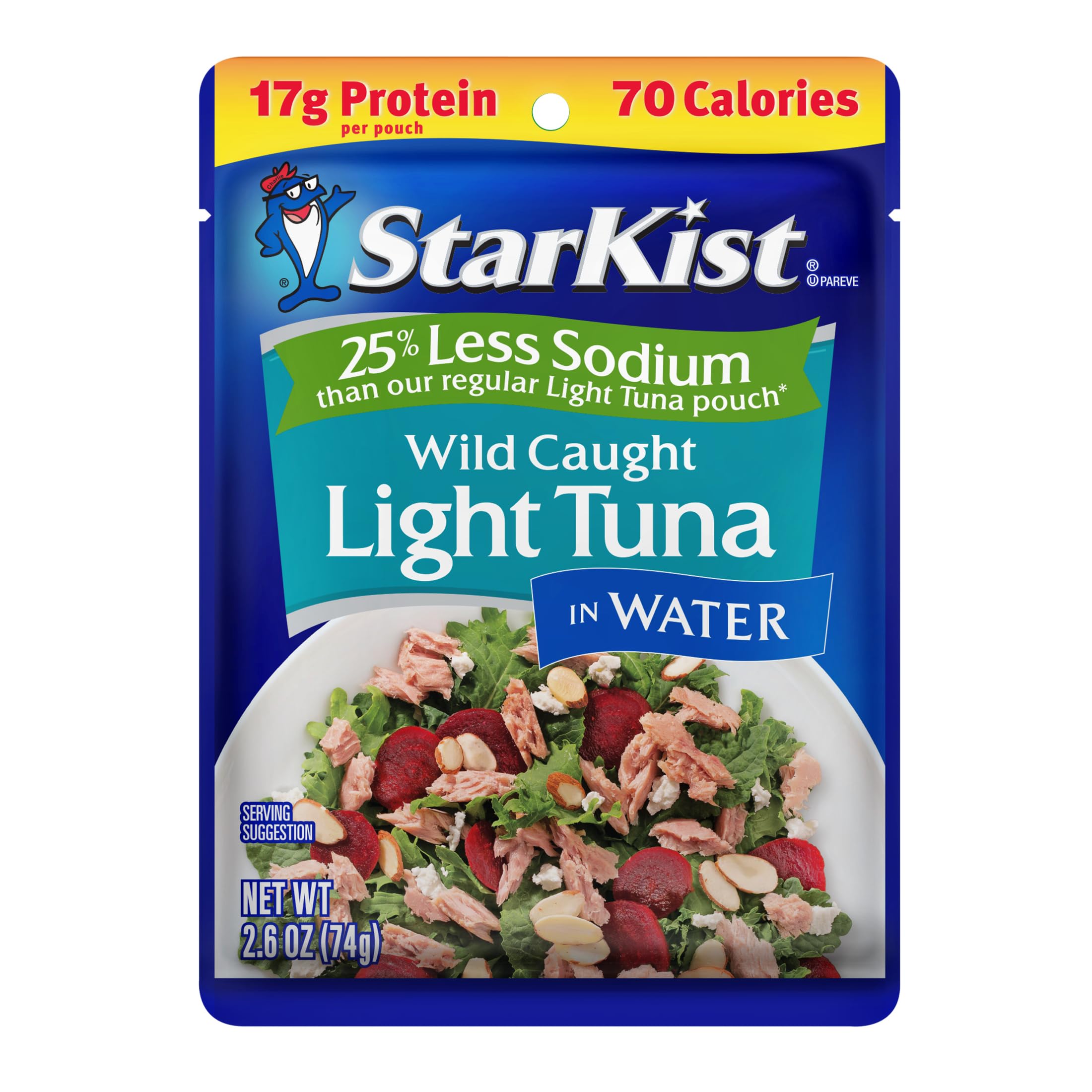 StarKist pouch opened with chunk light tuna ready to eat, convenient protein