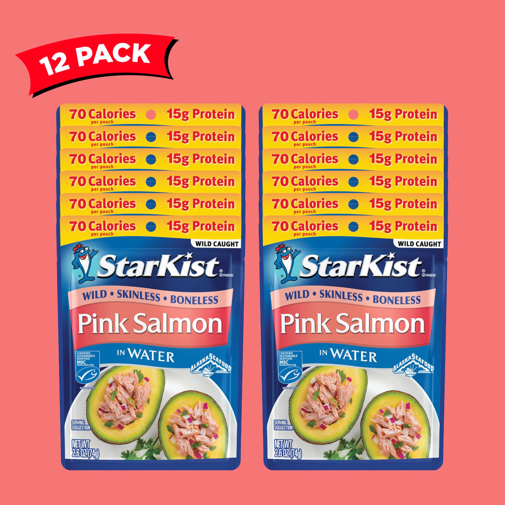 StarKist open pouch revealing boneless skinless salmon ready to eat and add to meals