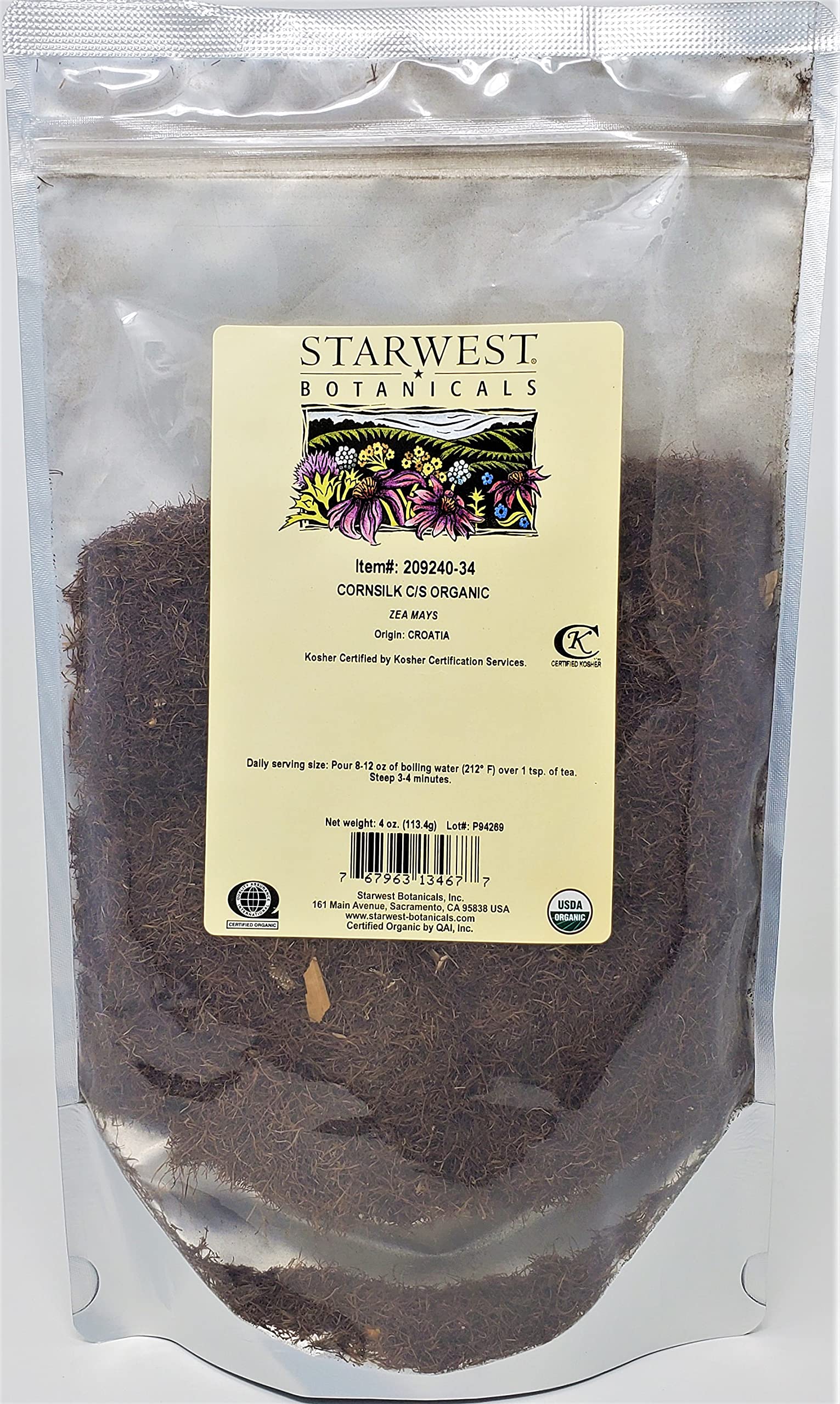 Starwest Botanicals cornsilk front pouch showing organic label and resealable bag benefit