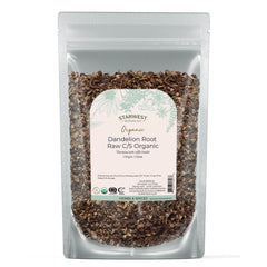 Starwest Botanicals pouch front view showing label and organic dandelion root benefits