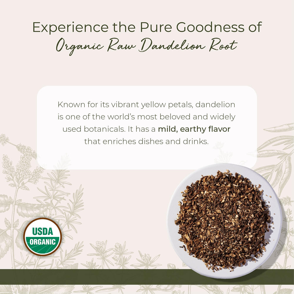 Starwest Botanicals loose cut-and-sifted dandelion root spilled, highlighting convenience