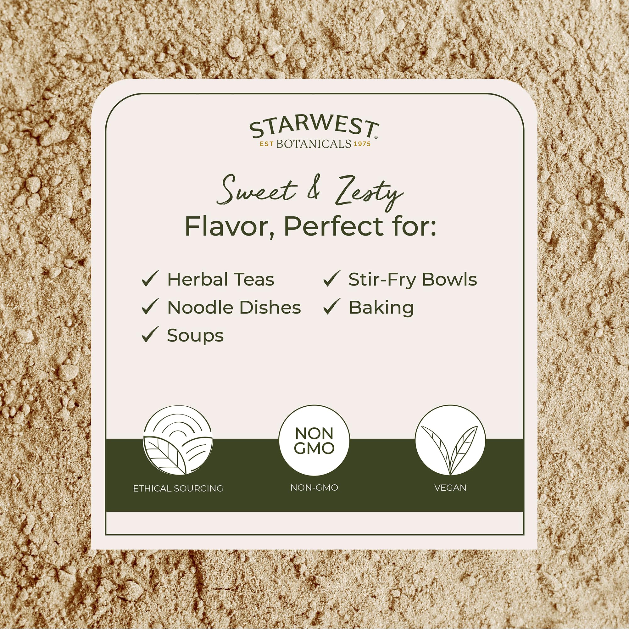 Starwest Botanicals spoonful of ginger powder ready to measure, shows portioning convenience