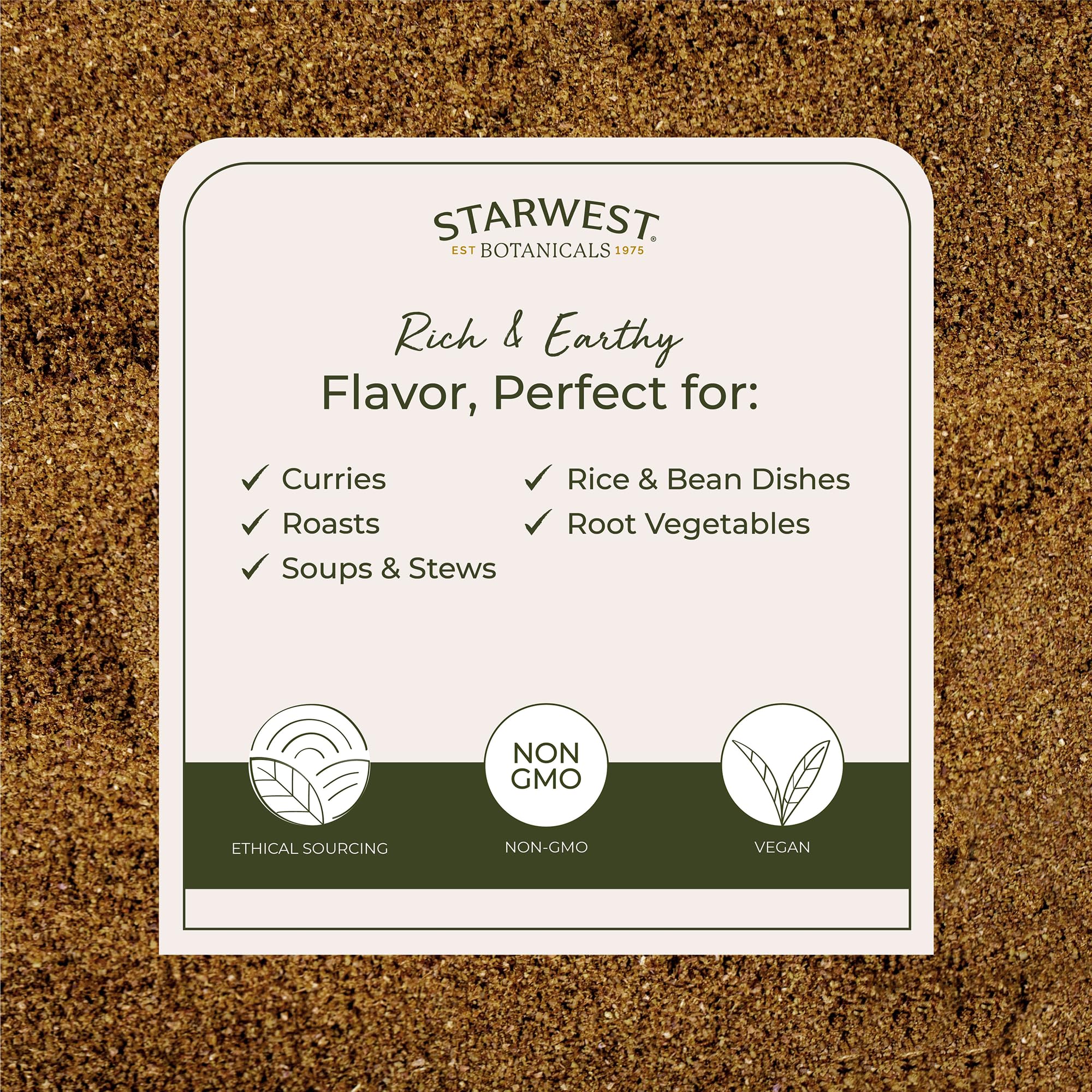 Starwest Botanicals spoon scooping ground cumin from the 1 lb bag for easy use