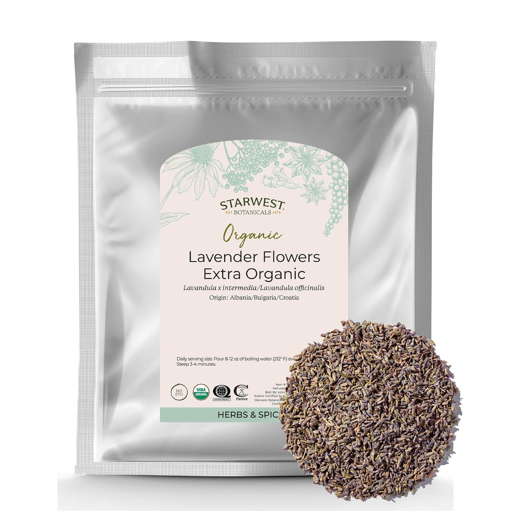 Starwest Botanicals front packaging showing 1 lb organic lavender bag and label benefits