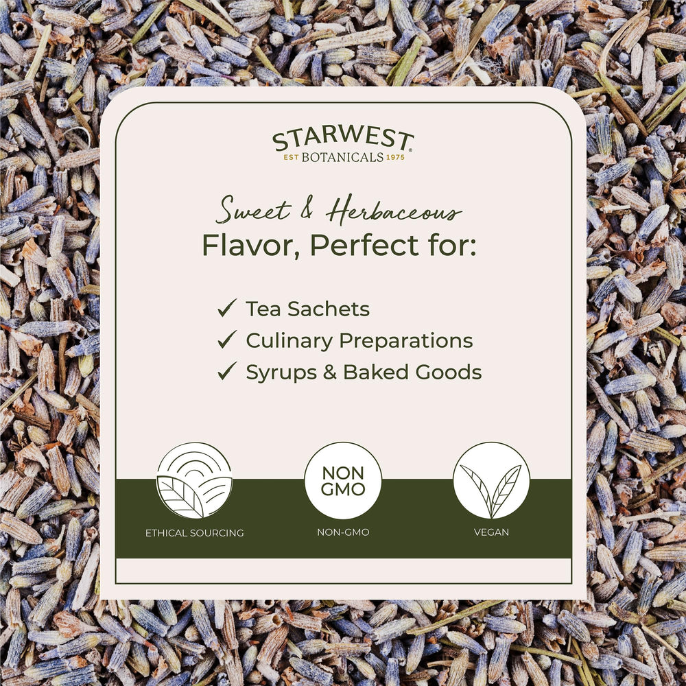 Starwest Botanicals dried lavender in a wooden bowl to show bulk scale and portioning