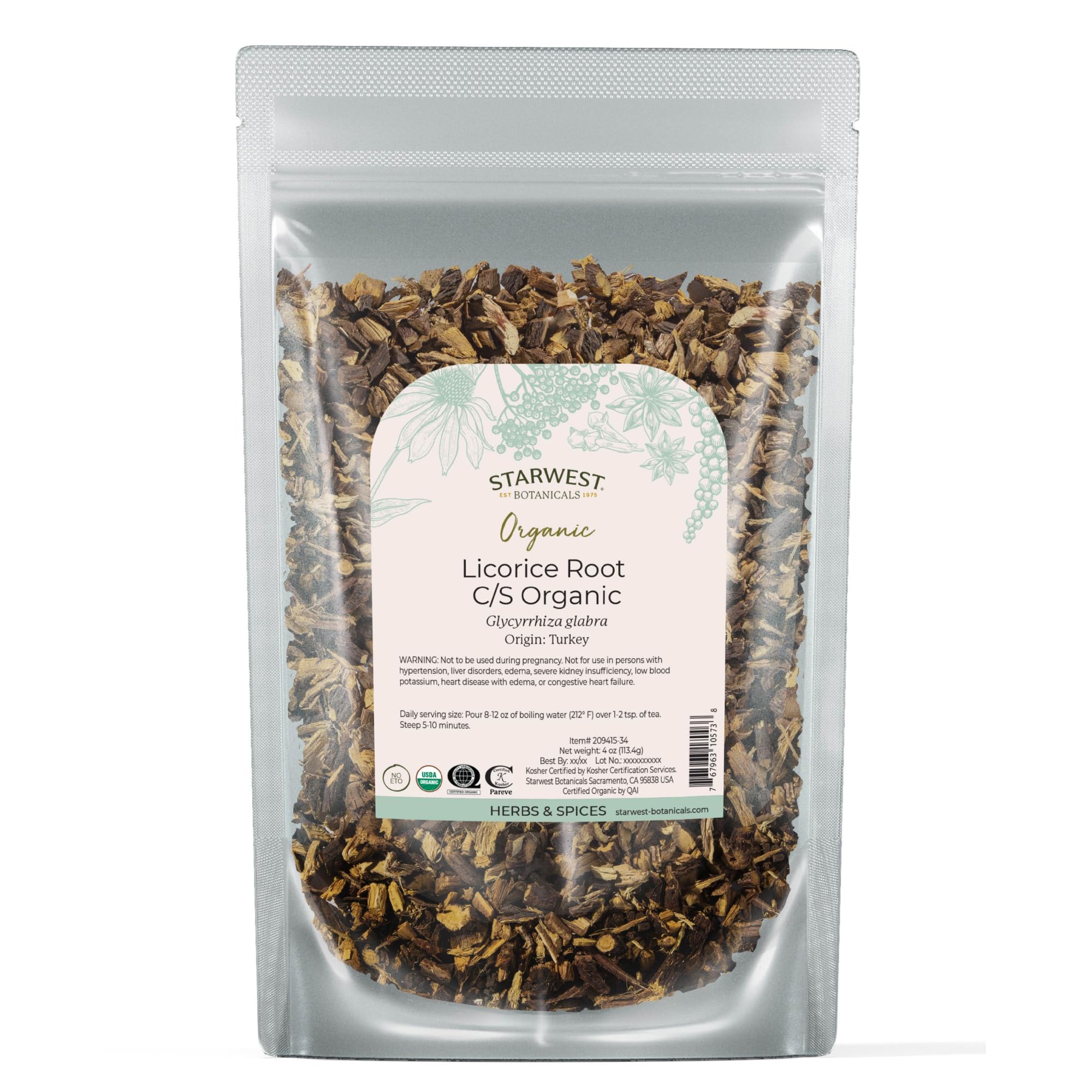 Starwest Botanicals front pouch showing organic licorice root and labeling benefits