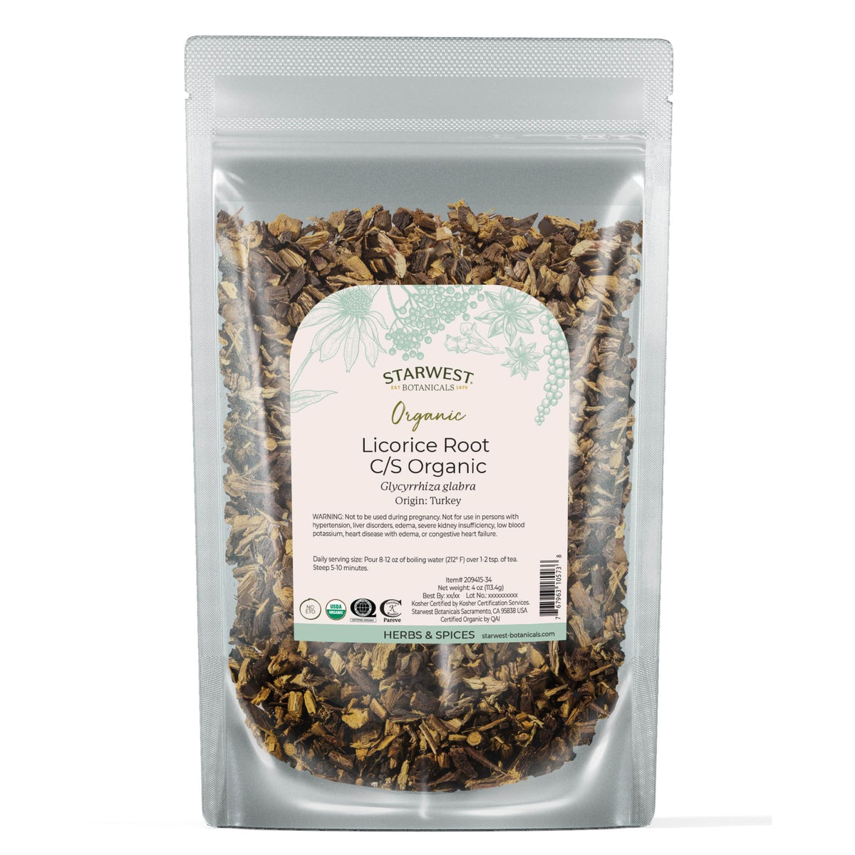 Starwest Botanicals front pouch showing organic licorice root and labeling benefits