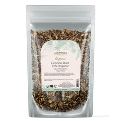 Starwest Botanicals front pouch showing organic licorice root and labeling benefits