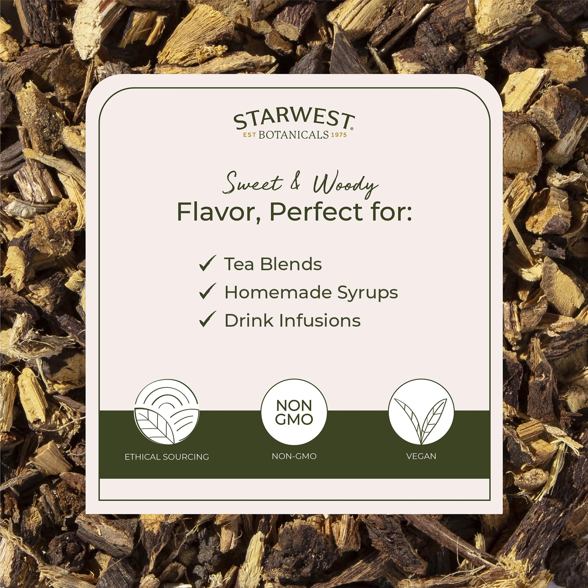 Starwest Botanicals brewed licorice root tea in mug highlighting smooth sweet flavor