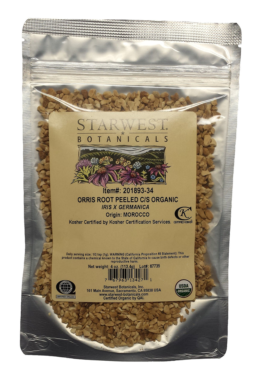 Starwest Botanicals orris root pouch front view showing resealable packaging and benefits