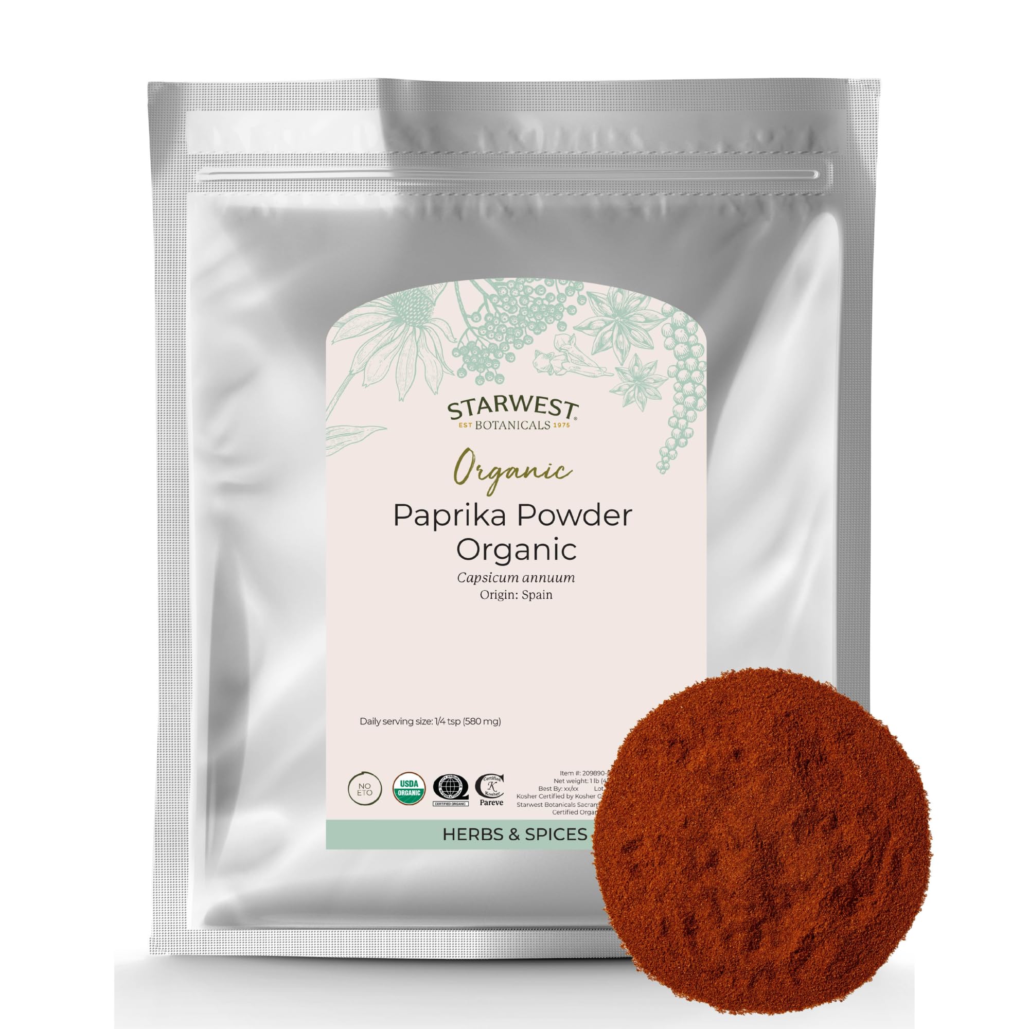 Starwest Botanicals front packaging of 1 lb organic paprika adds color