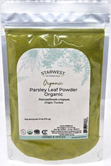 Starwest Botanicals parsley powder front pouch showing label and resealable top, highlights convenience
