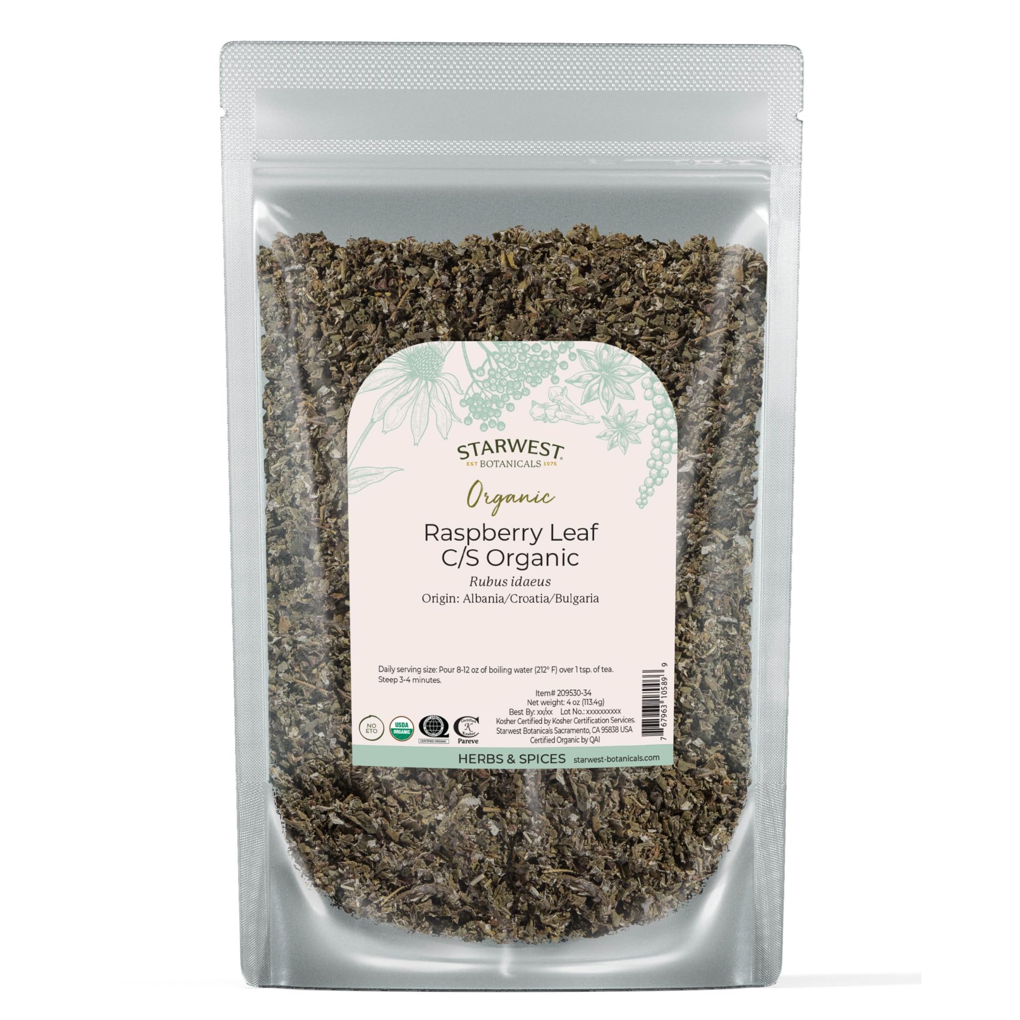 Starwest Botanicals pouch front view showing organic raspberry leaf packaging and storage benefit