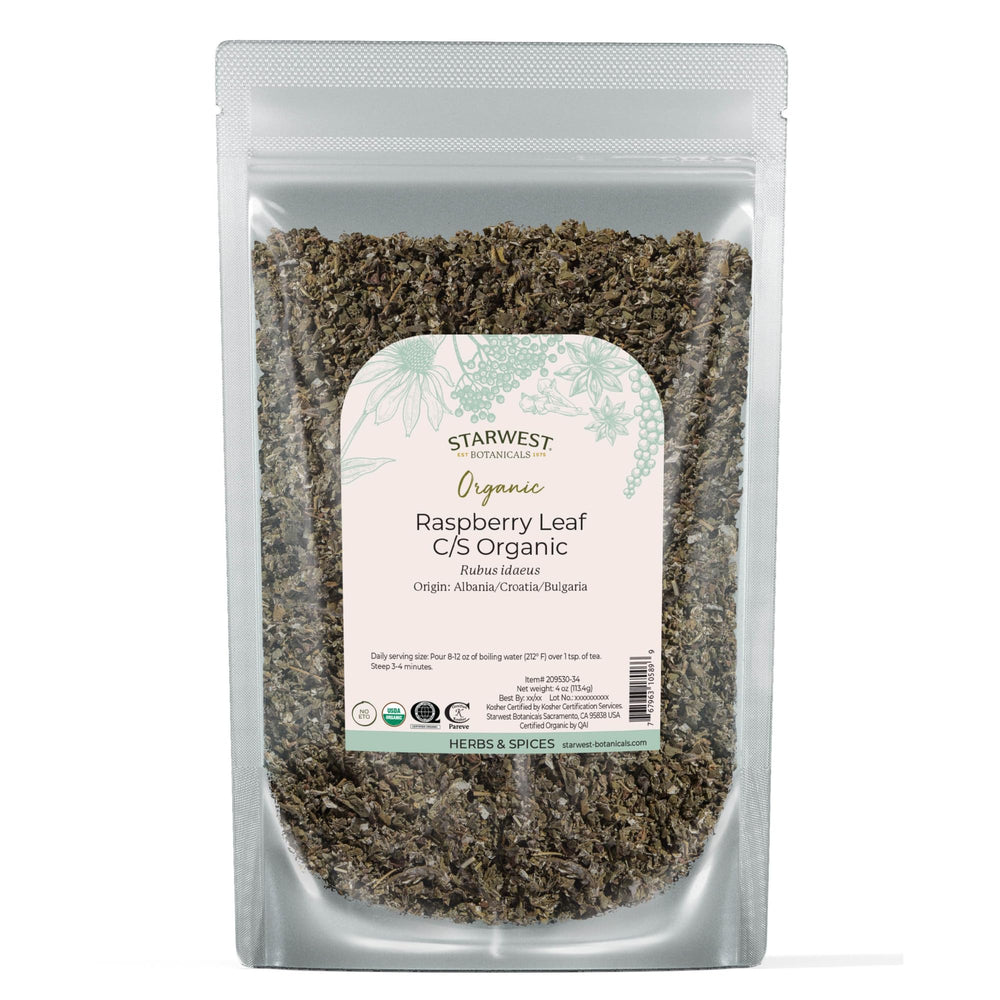 Starwest Botanicals pouch front view showing organic raspberry leaf packaging and storage benefit