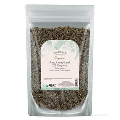 Starwest Botanicals pouch front view showing organic raspberry leaf packaging and storage benefit