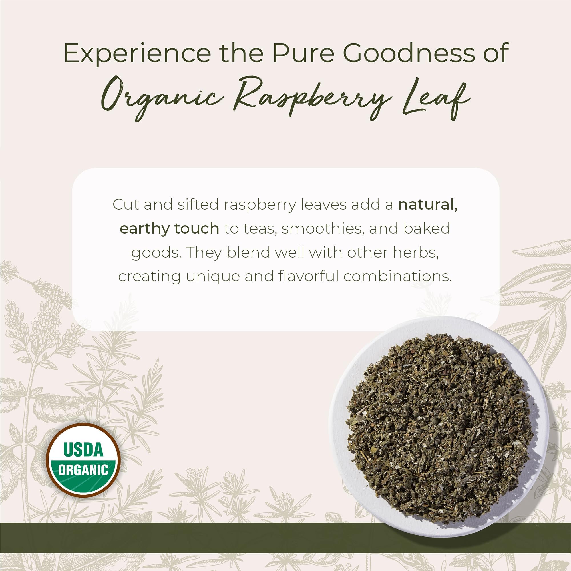 Close-up of Starwest Botanicals raspberry leaf texture highlighting fresh-cut leaf quality