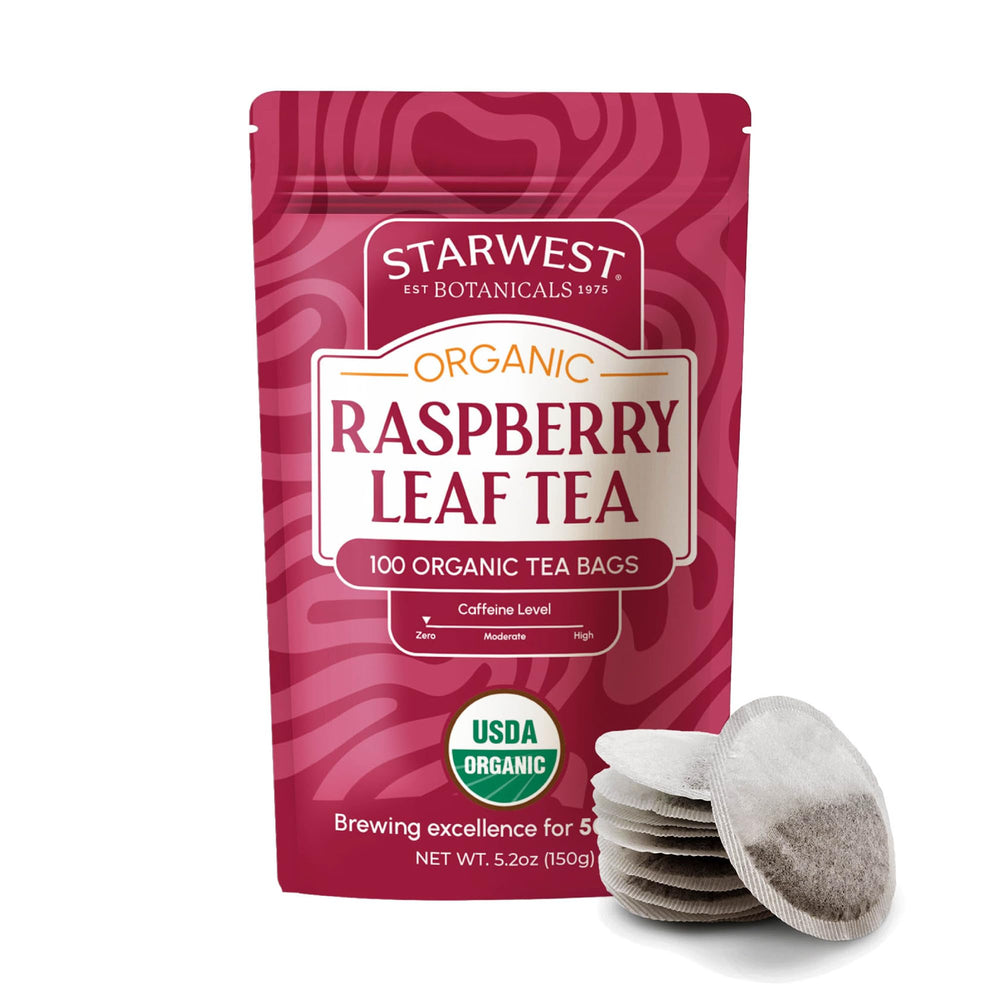 Starwest Botanicals front packaging showing 100-bag bulk box and organic label benefit