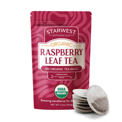Starwest Botanicals front packaging showing 100-bag bulk box and organic label benefit