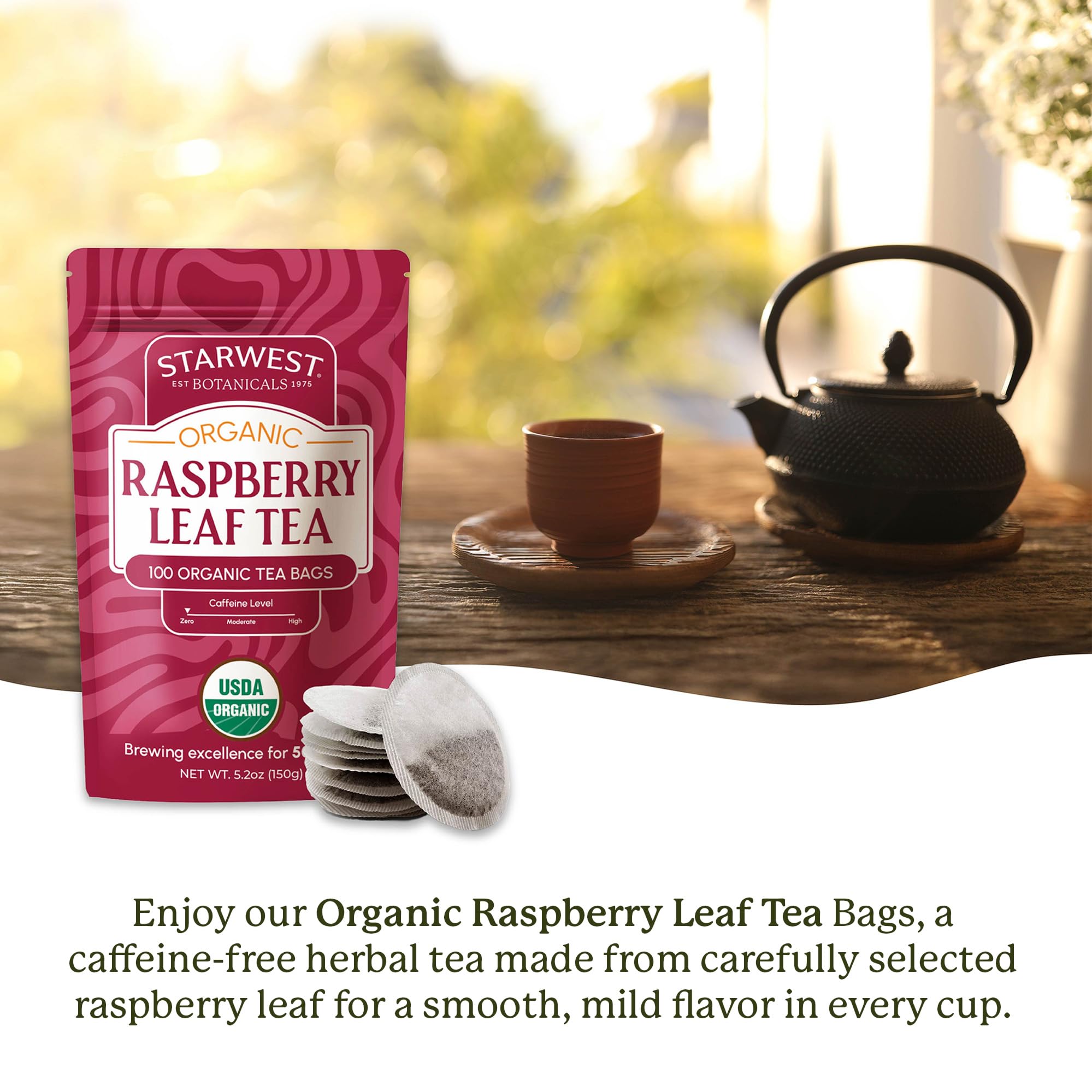 Starwest Botanicals close-up of individual tea bag highlighting convenience and purity