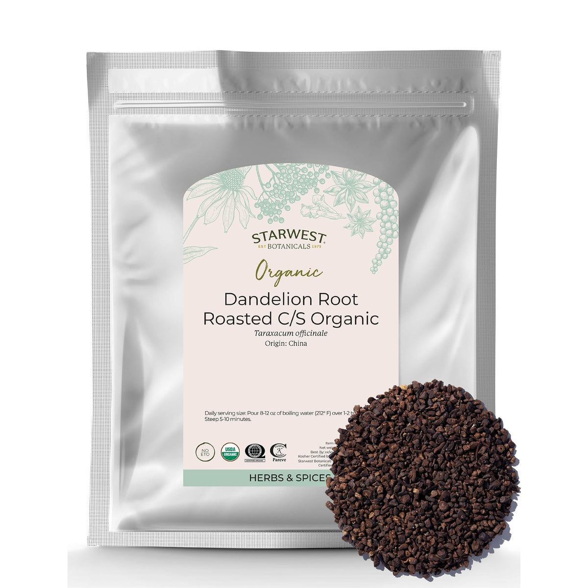 Starwest Botanicals front packaging showing 1 lb bag and organic label benefit