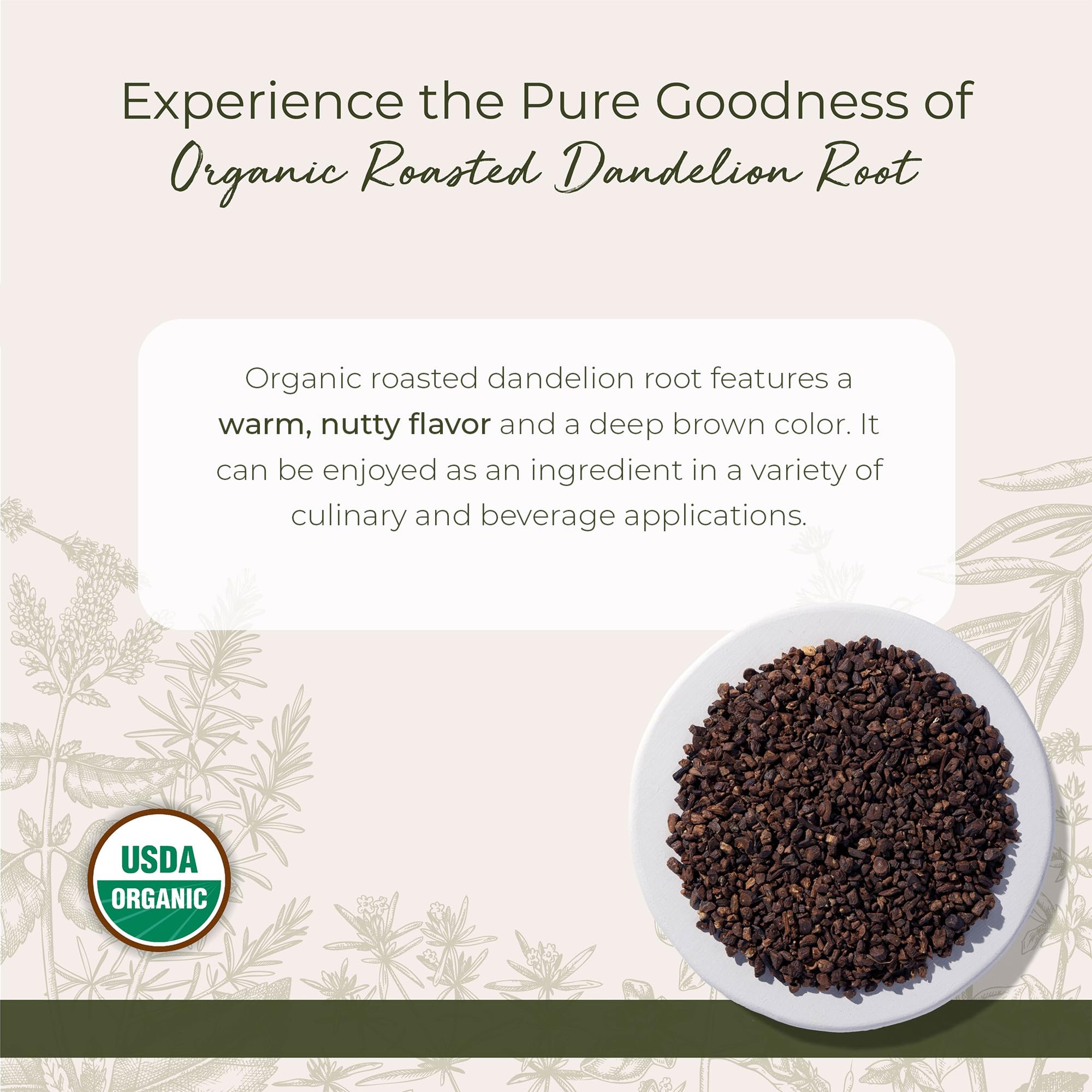 Starwest Botanicals close-up of roasted dandelion root pieces showing rich texture benefit