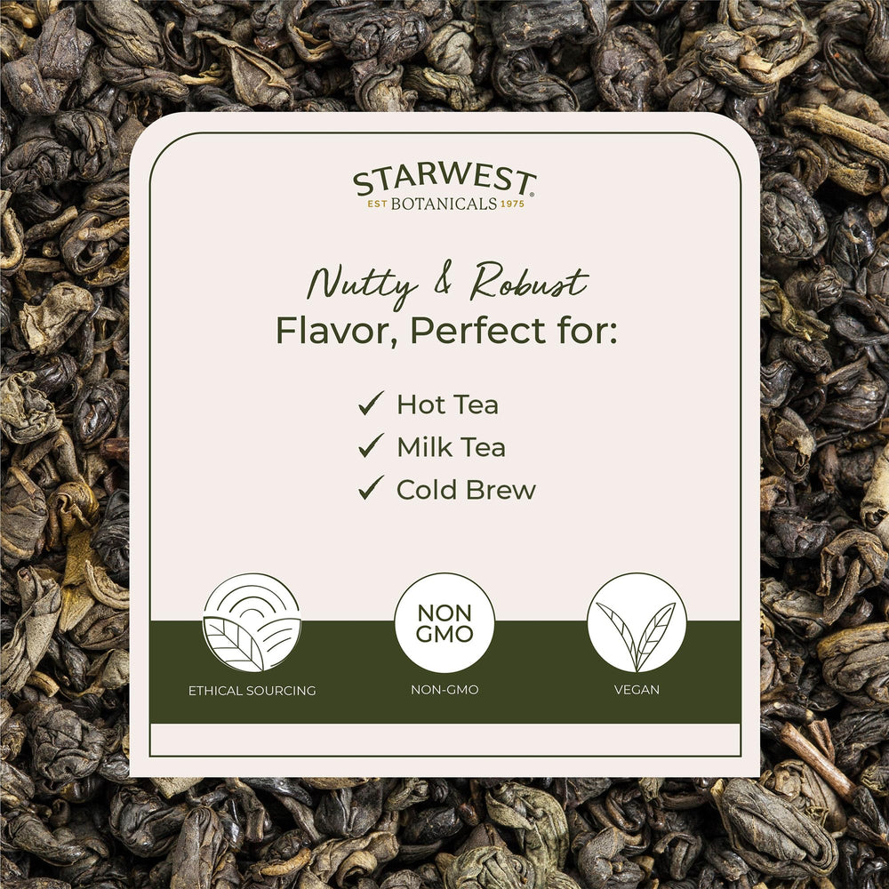 Brewed cup of gunpowder green tea from Starwest Botanicals showing rich color and aroma