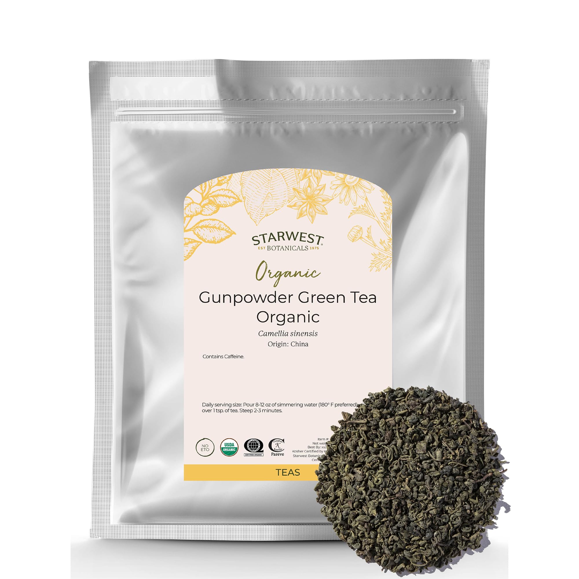 Starwest Botanicals front bag of organic gunpowder green tea showing package and weight