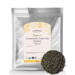 Starwest Botanicals front bag of organic gunpowder green tea showing package and weight