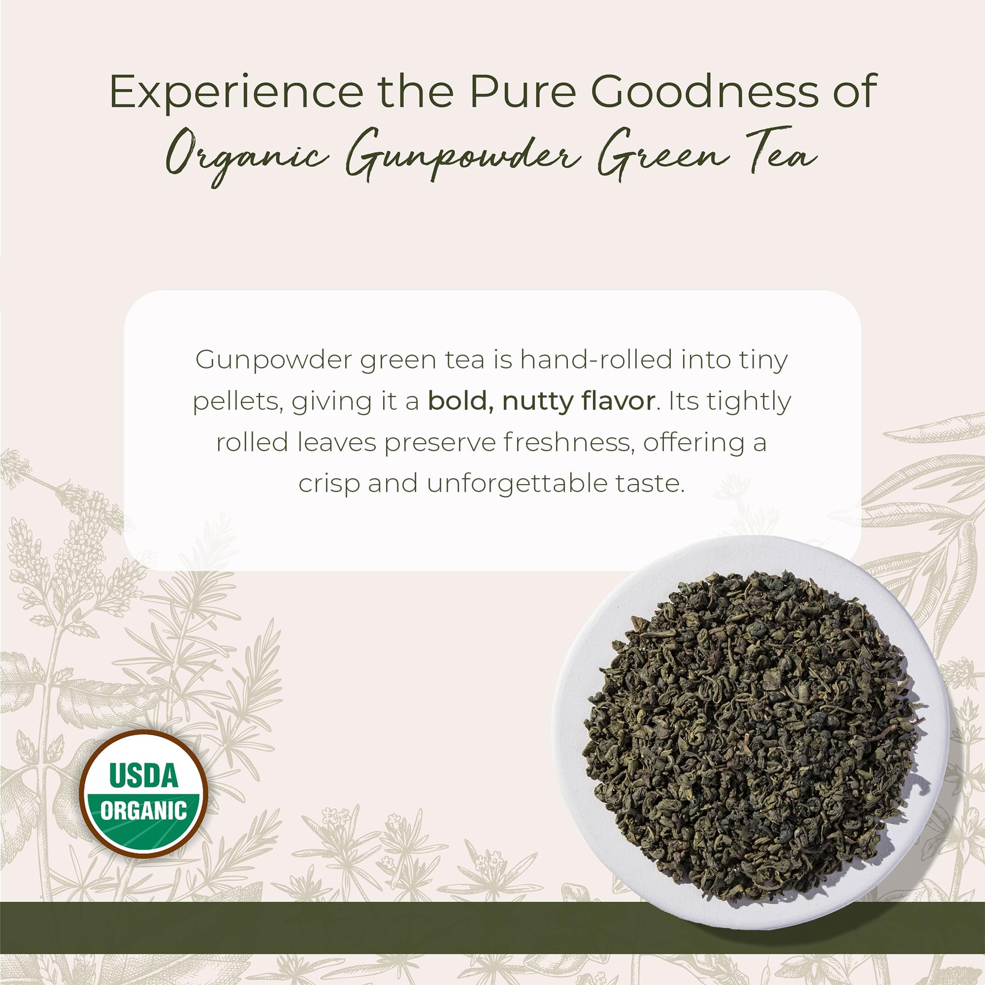 Close-up of rolled gunpowder Camellia sinensis pellets highlighting fresh dry-leaf texture