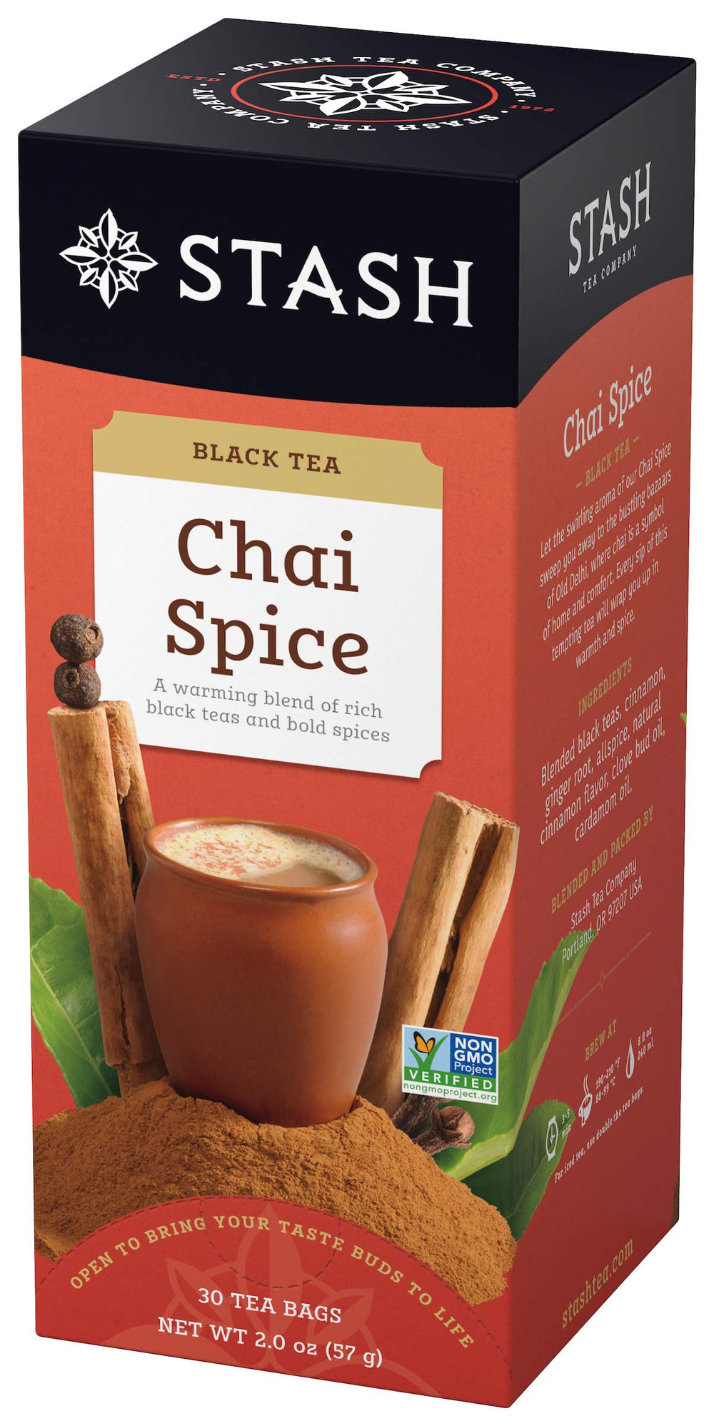 Stash front packaging showing chai spice label and quantity benefit convenience