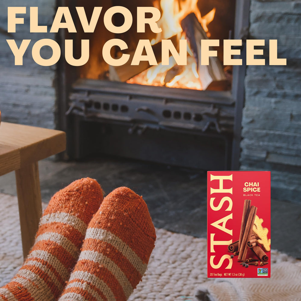 Chai latte made with Stash tea in a cozy kitchen showcasing creamy texture and comfort benefit
