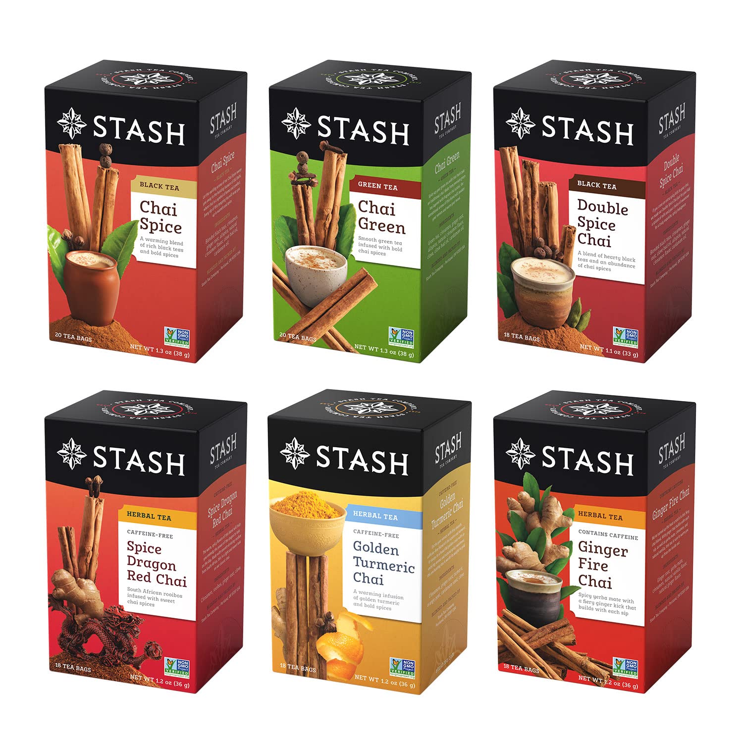 Stash front packaging showing all six chai flavors with clear labeling and variety benefit