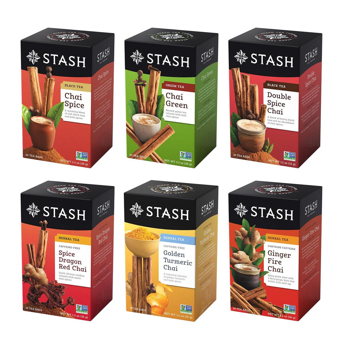 Stash front packaging showing all six chai flavors with clear labeling and variety benefit