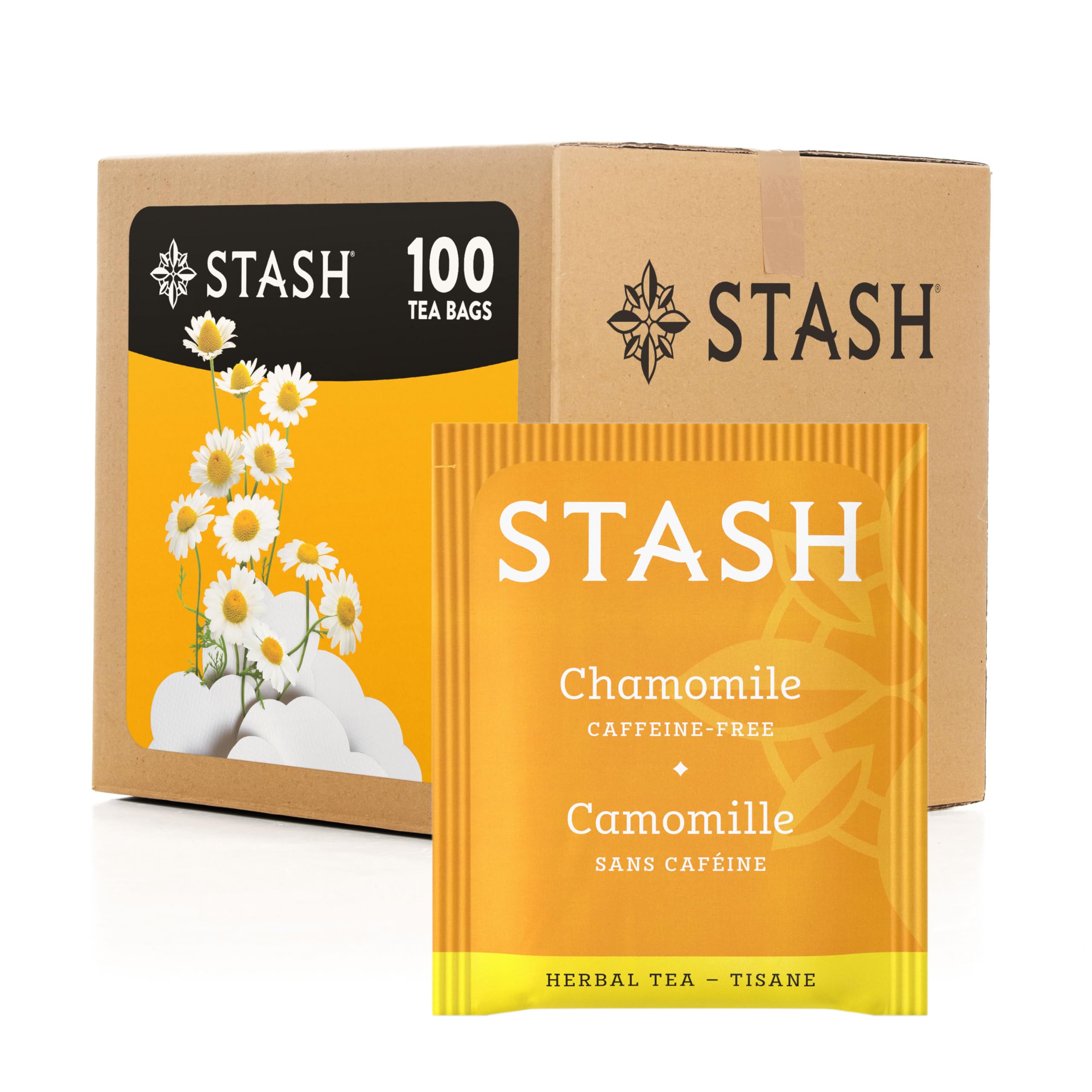 Stash chamomile front packaging showing 100-count box and branding benefit freshness