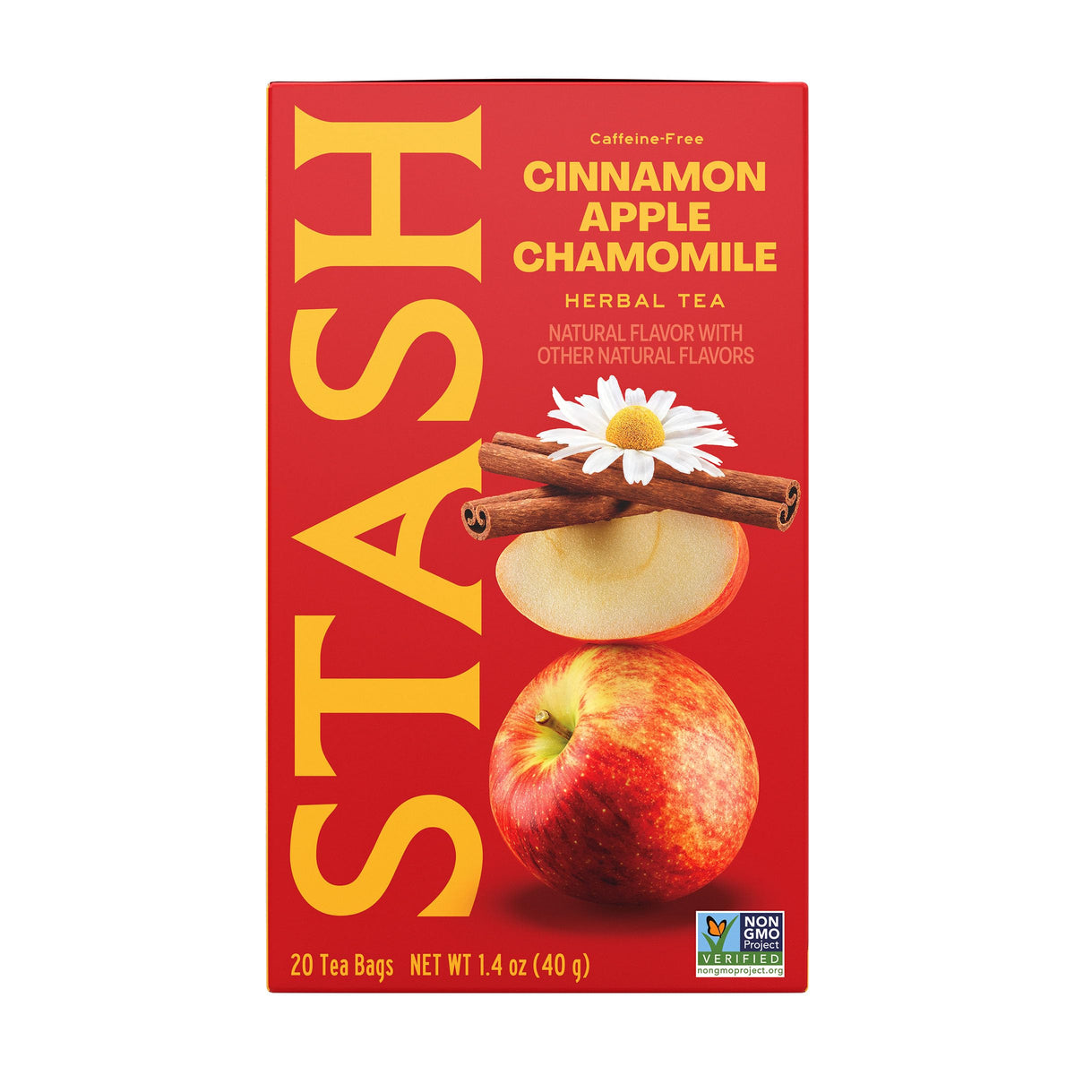Stash front packaging showing cinnamon apple chamomile boxes, clear labeling and quantity benefit