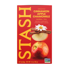 Stash front packaging showing cinnamon apple chamomile boxes, clear labeling and quantity benefit