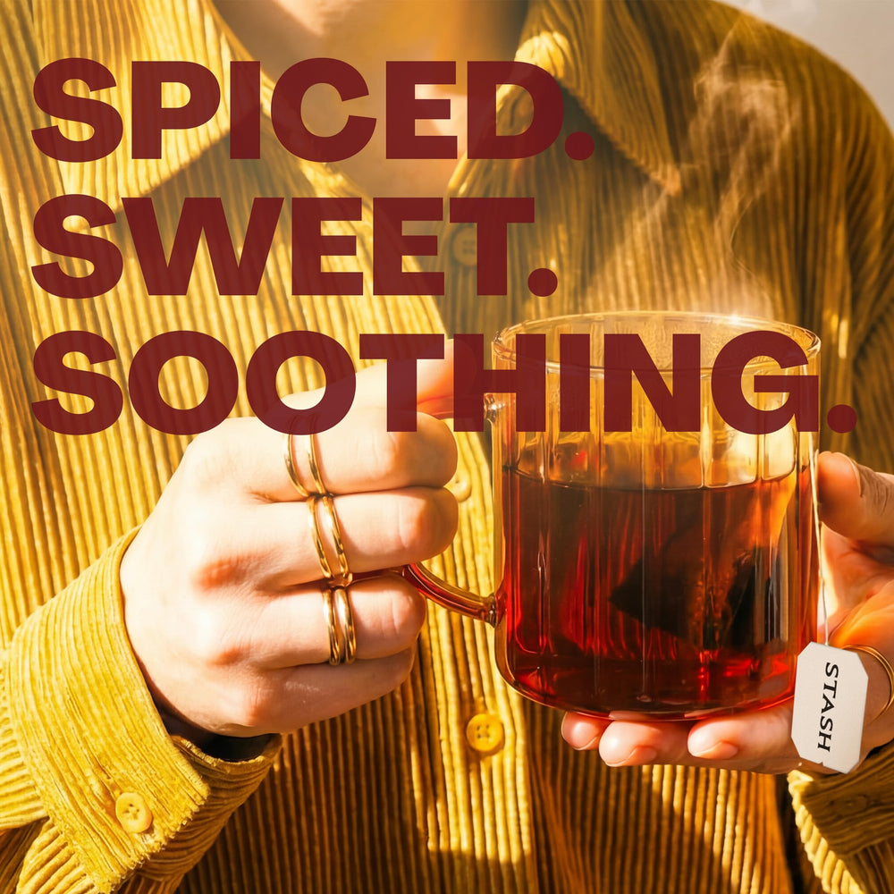Stash tea pouring into cup with steam, demonstrating warm comforting flavor benefit