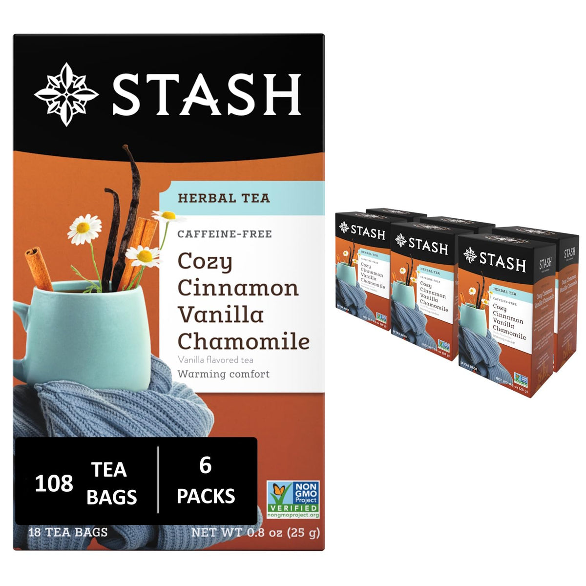 Stash front packaging showing Cozy Cinnamon Vanilla, clear product view and reassurance