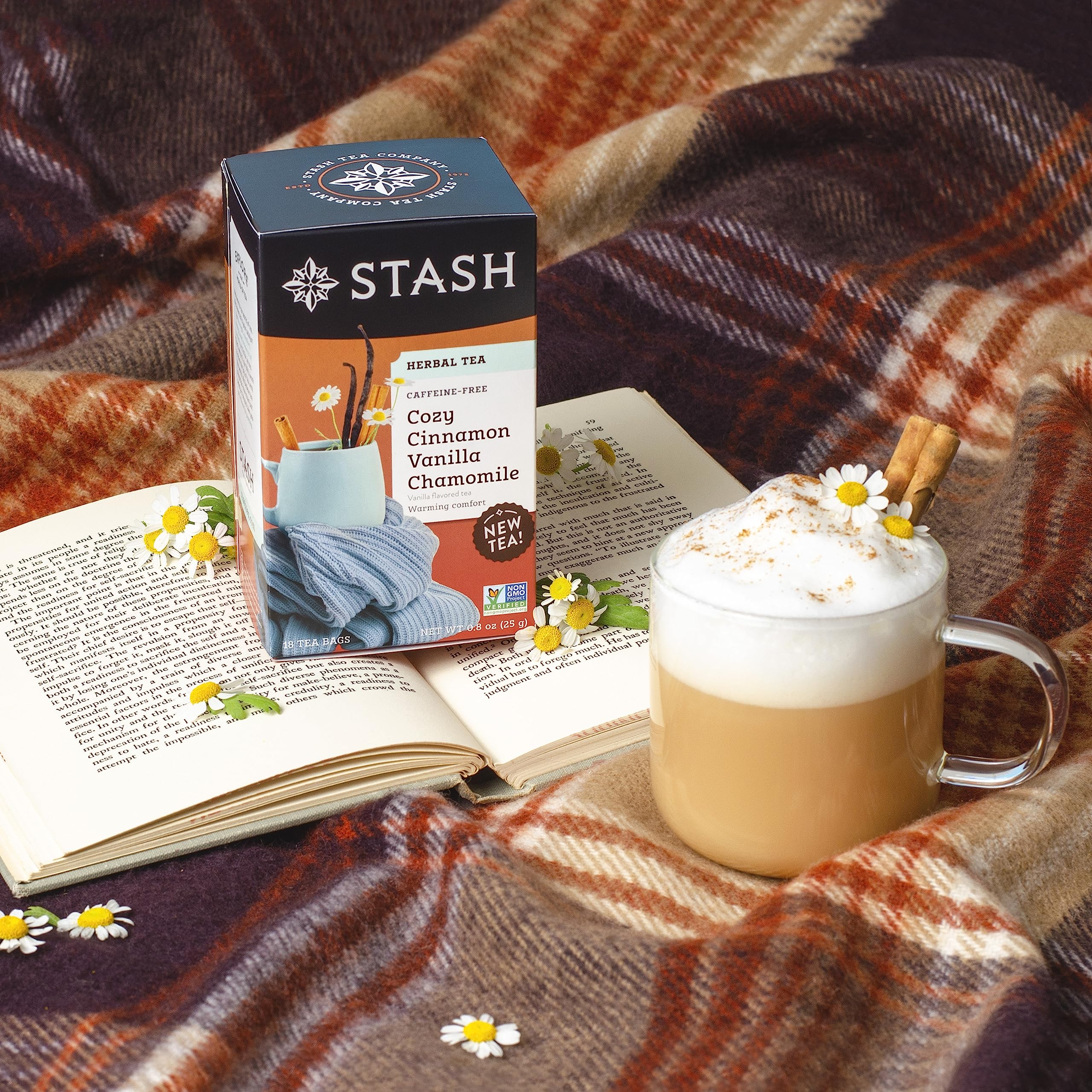 Stash steaming cup of brewed Cozy Cinnamon Vanilla conveying soothing warm comfort
