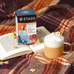 Stash steaming cup of brewed Cozy Cinnamon Vanilla conveying soothing warm comfort
