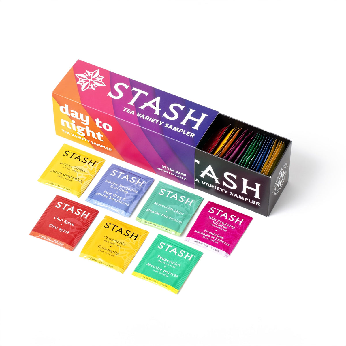 Stash Day to Night box front view showing assorted tea flavors and gift-ready appeal