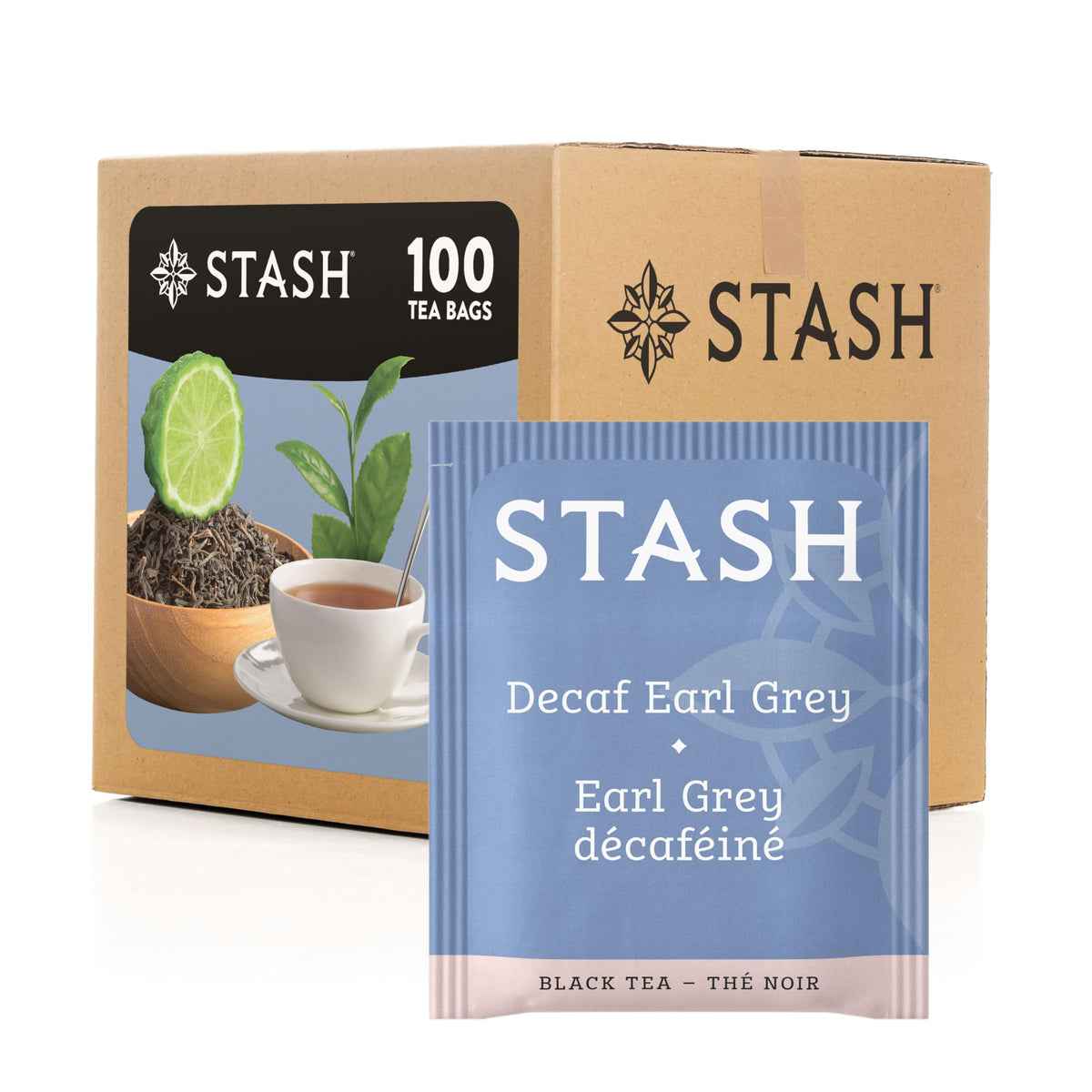 Stash decaf Earl Grey box front showing packaging and quantity, highlights convenience