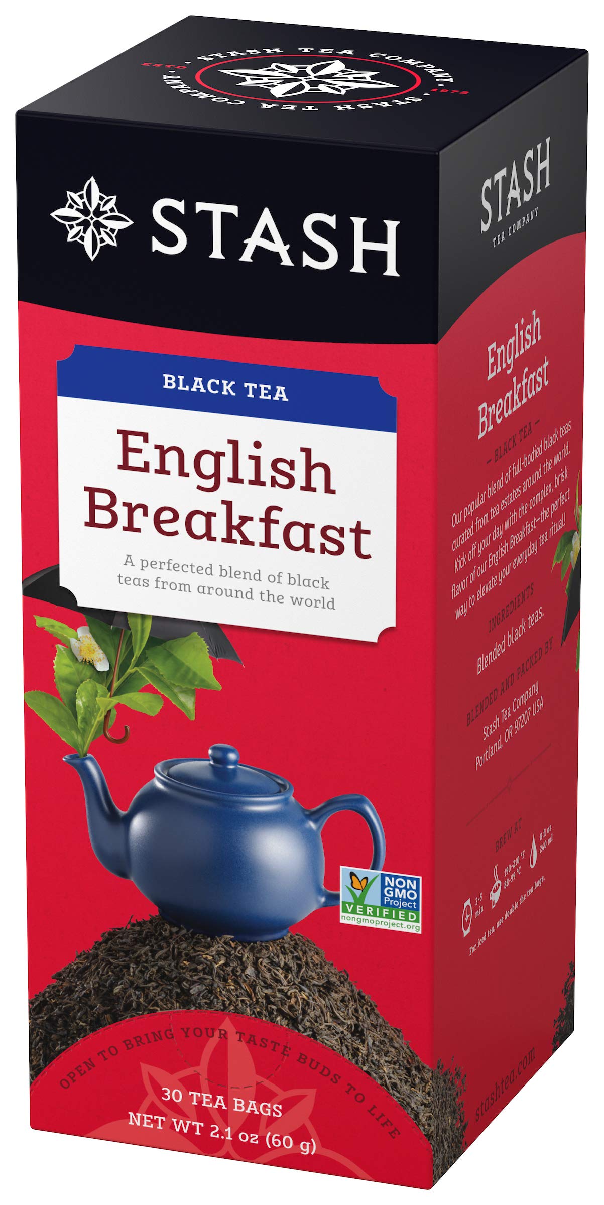 Stash front box view showing English Breakfast for dependable mornings