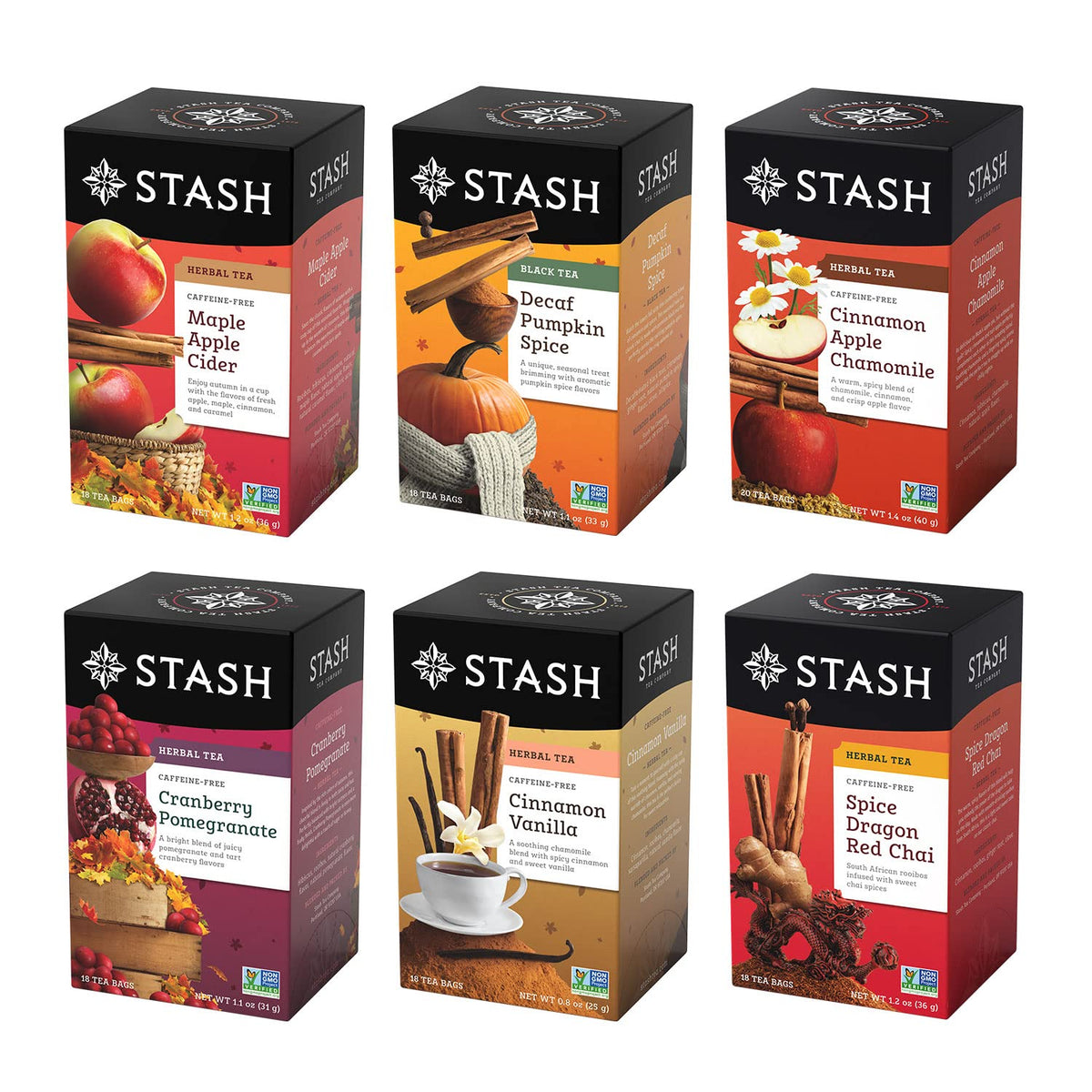 Stash front packaging showing six fall tea boxes and seasonal variety benefit