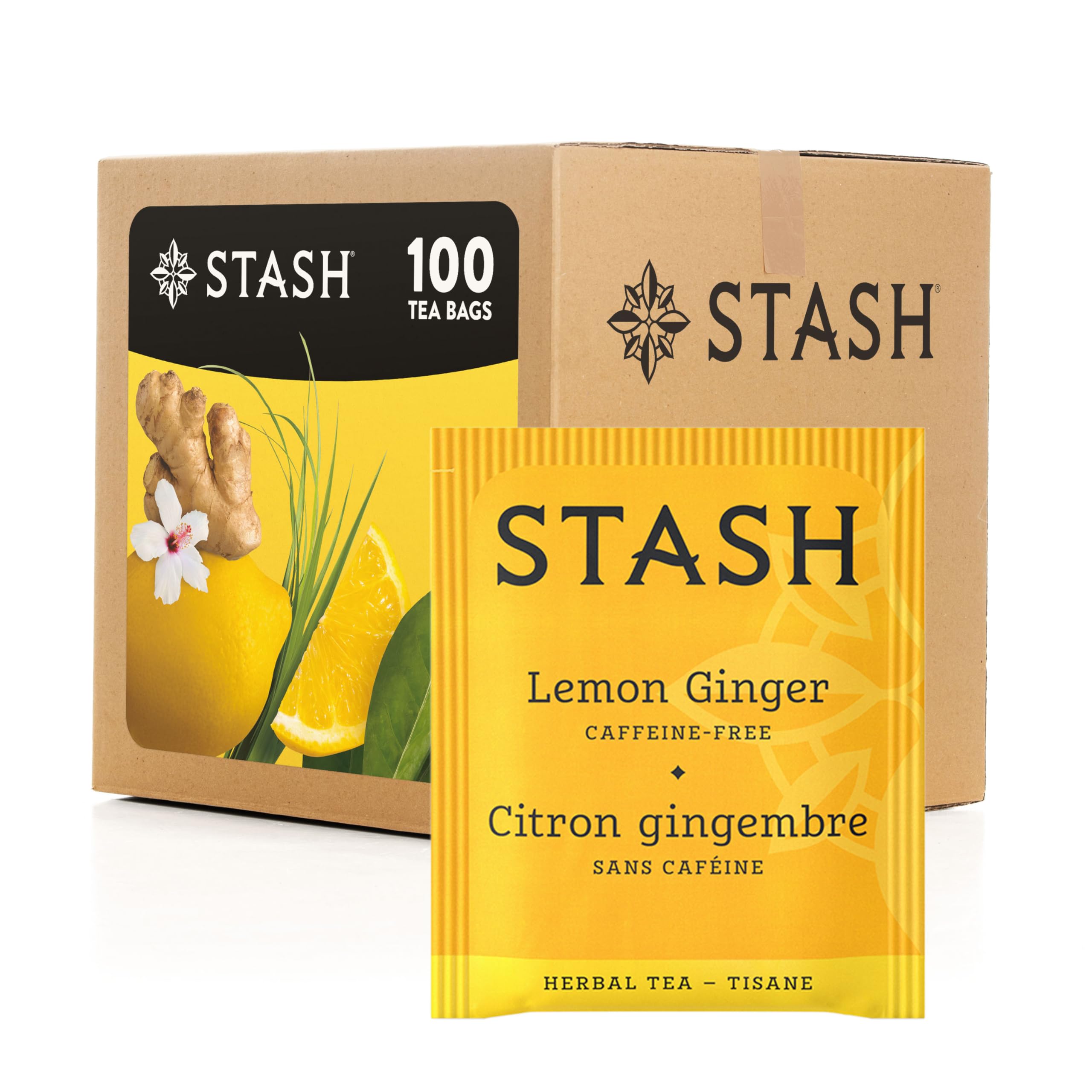 Stash lemon ginger front packaging showing bulk 100-count and benefits