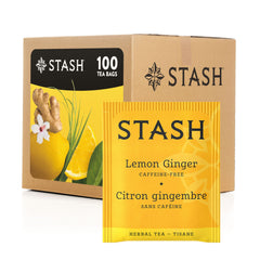 Stash lemon ginger front packaging showing bulk 100-count and benefits