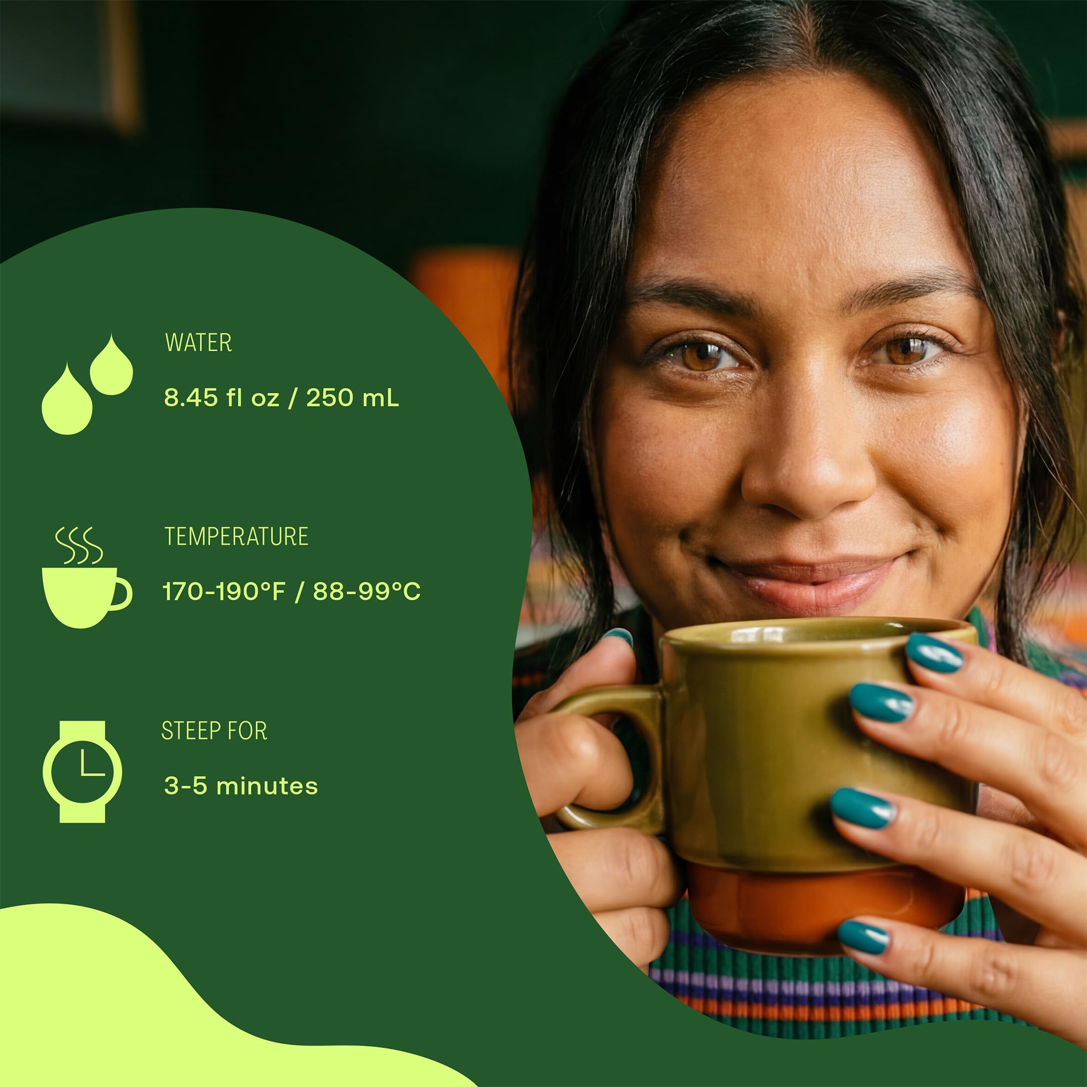 Pouring brewed Stash decaf green tea in a relaxed kitchen setting for calm