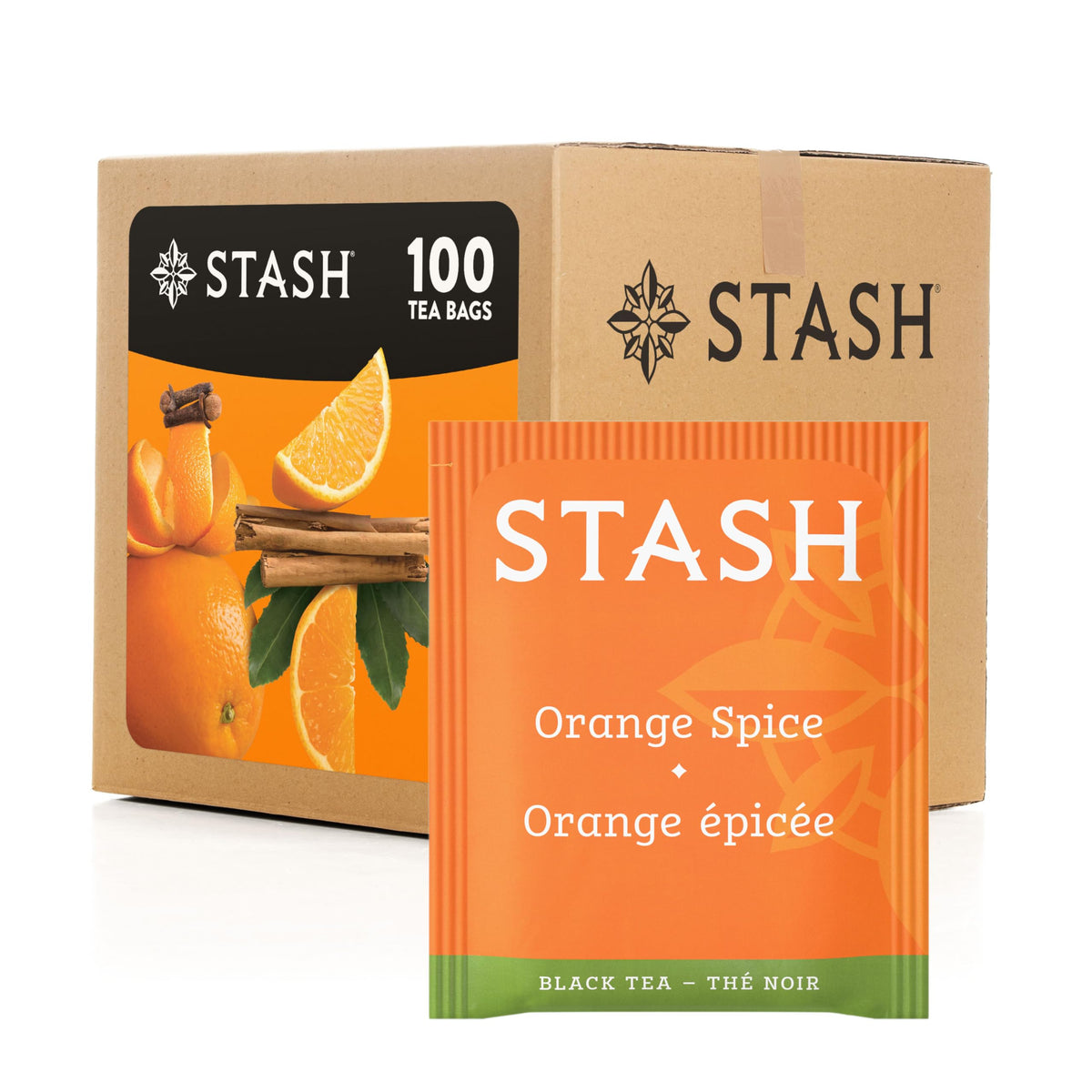 Stash box front view showing orange spice branding and 100-count, highlights bold aroma