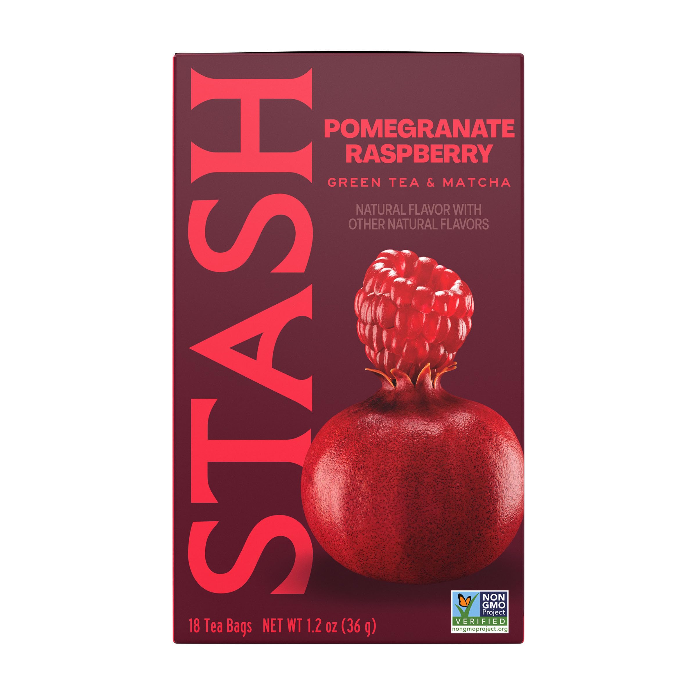 Stash front pack showing pomegranate raspberry matcha blend and benefits
