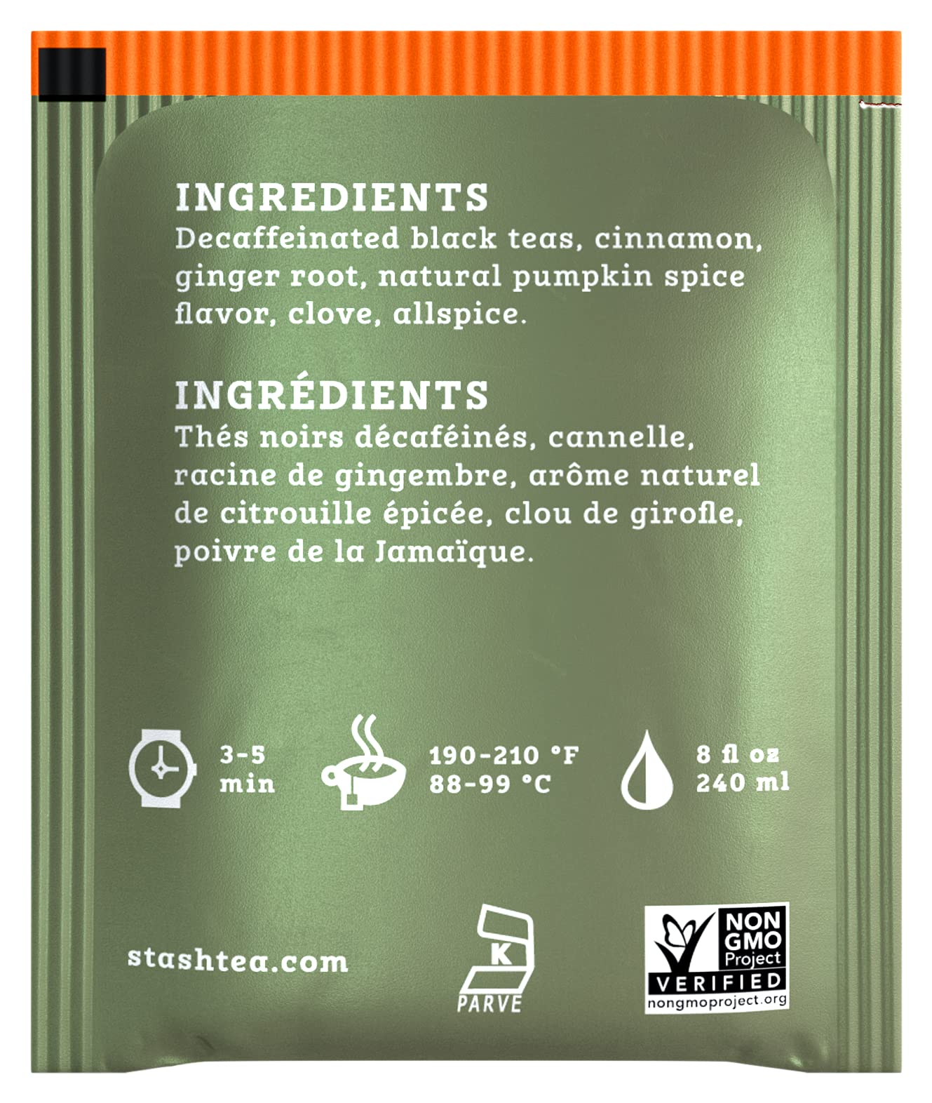 Close-up of a Stash tea bag highlighting fine black tea leaves and spice aroma